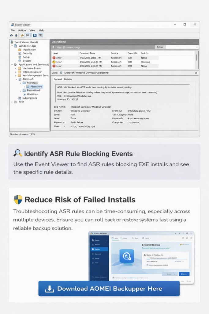 asr rule blocking exe installs event viewer windows defender logs