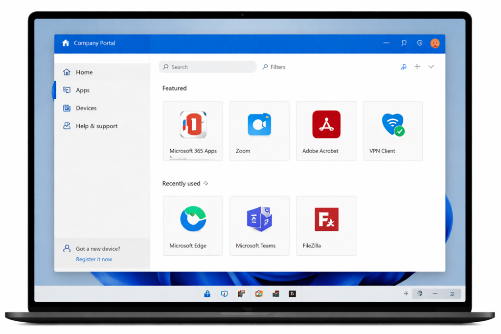 company portal app interface windows showing apps and devices in microsoft intune
